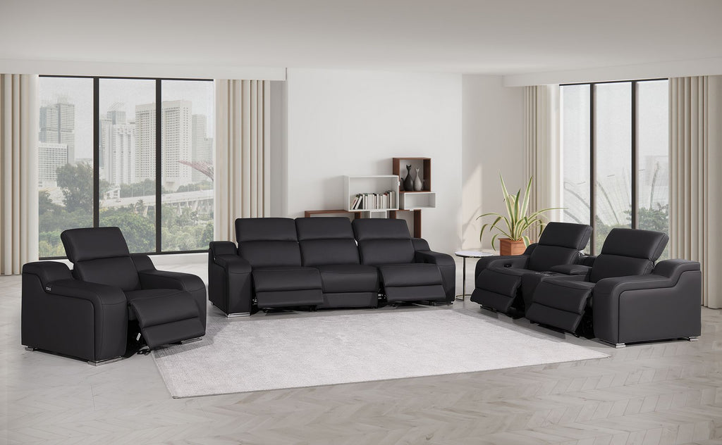 1116 Divanitalia 7-Piece Modular Power Reclining Sofa, Loveseat & Chair Set in Top Grain Italian Leather with 5 Power Recliners & Power Headrests - Black - SKU 1116-BLACK-7.5-HT-3PC - view 2