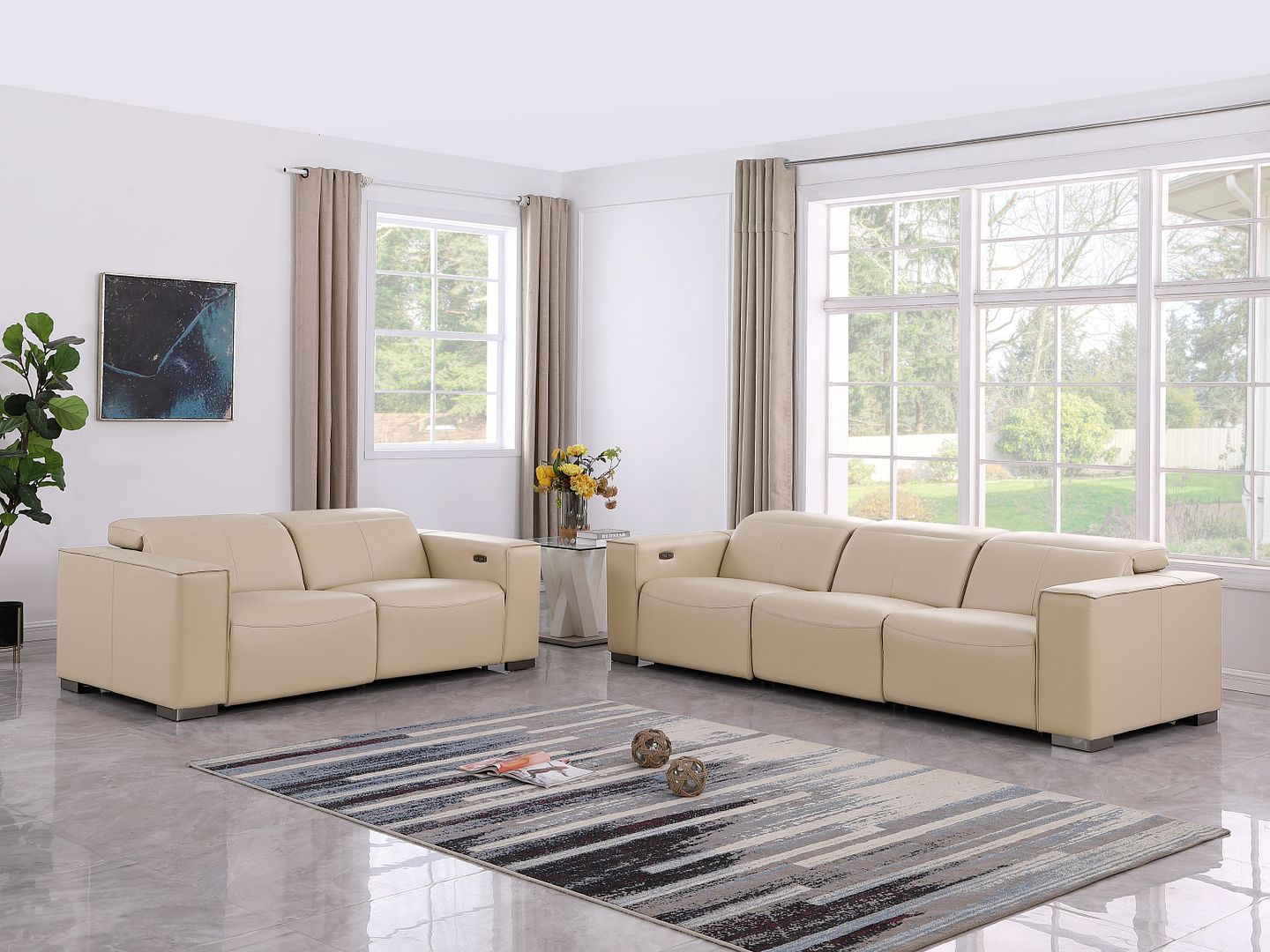 1208 Leather Reclining Set - Sofa & Loveseat with 4 Power Recliners - Beige
