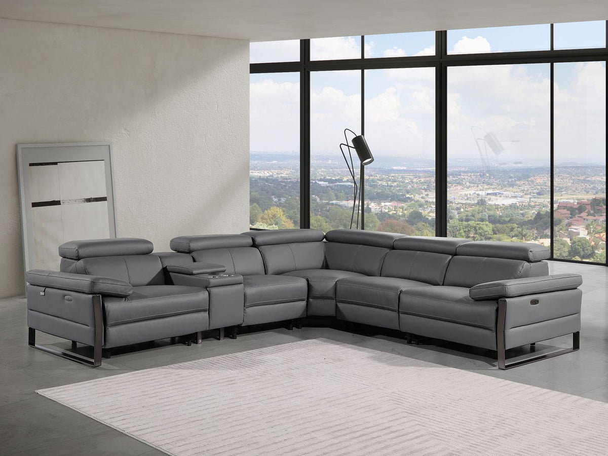 1246 Divanitalia 6-Piece L-Shaped Modular Power Reclining Sectional Sofa with 3 Power Recliners and Power Headrests - Top Grain Italian Leather - Dark Grey - SKU 1246-DK-GREY-6PC-3PWR-SECTIONAL