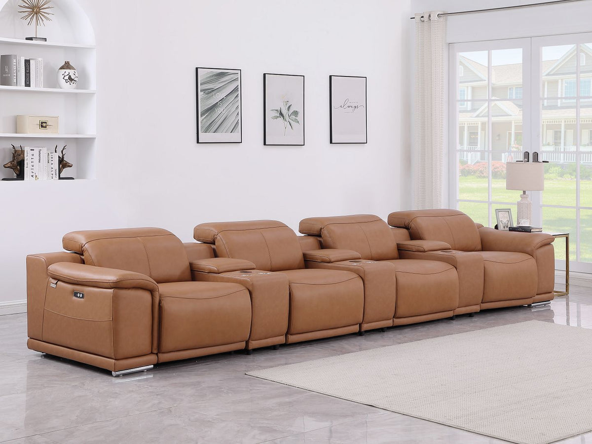 9762 Divanitalia 7-Piece Modular Top Grain Italian Leather Power Reclining Sofa with 4 Power Recliners - Cognac - SKU 9762-COGNAC-S-7.4-HT