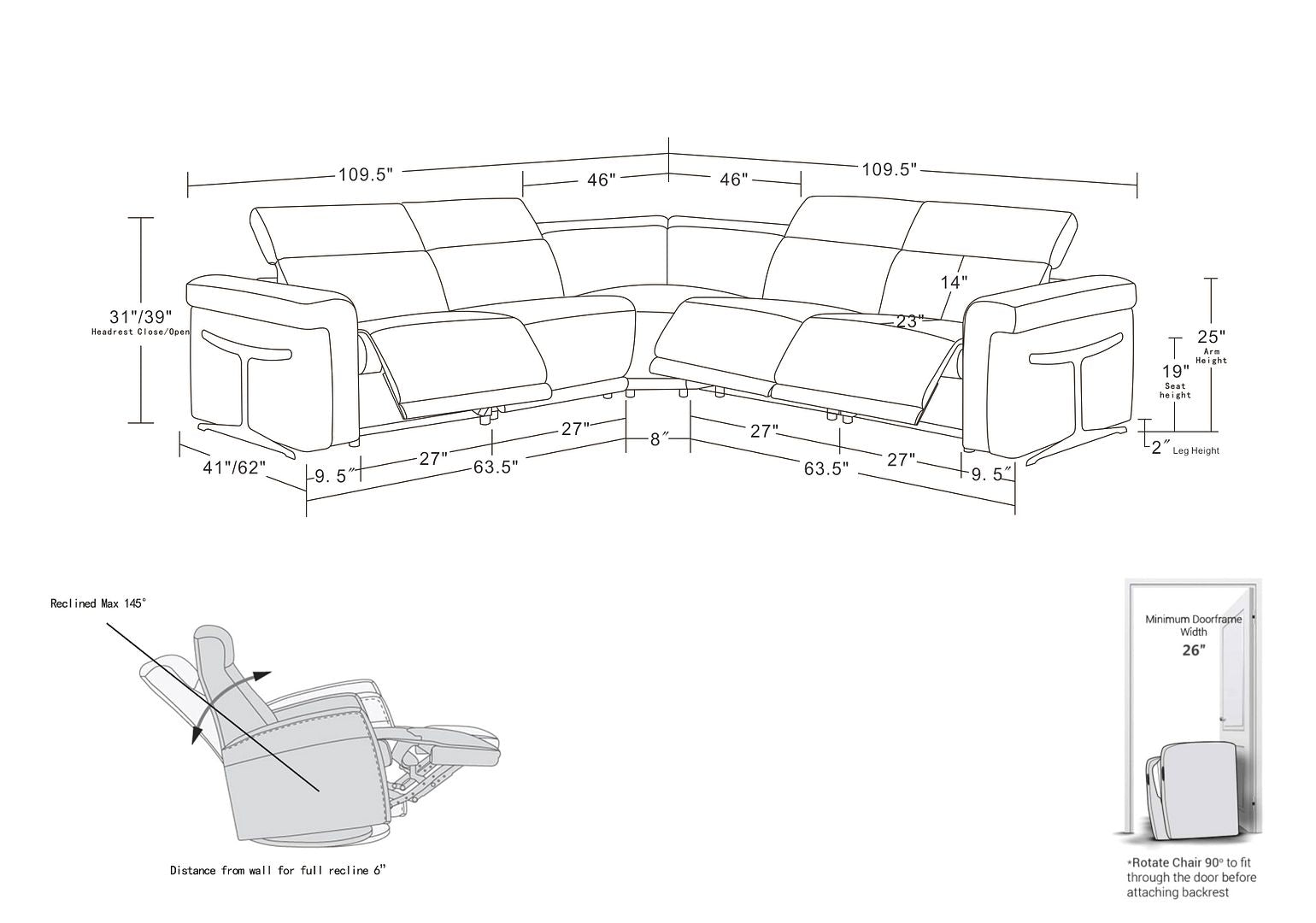 1126 Divanitalia 5-Piece L-Shaped Sectional Sofa in Top Grain Italian Leather with 3 Power Recliners & Power Headrests