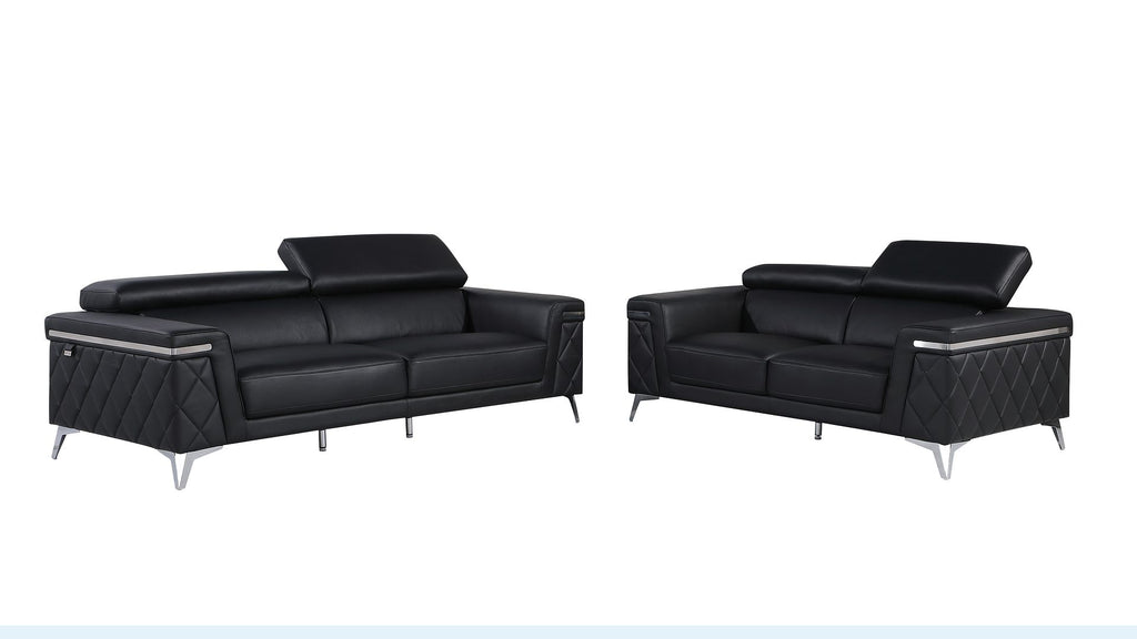 1140 Divanitalia 2-Piece Sofa Set with Adjustable Headrest in Top-grain Italian Leather - Black - SKU 1140-BLACK-2PC - view 2