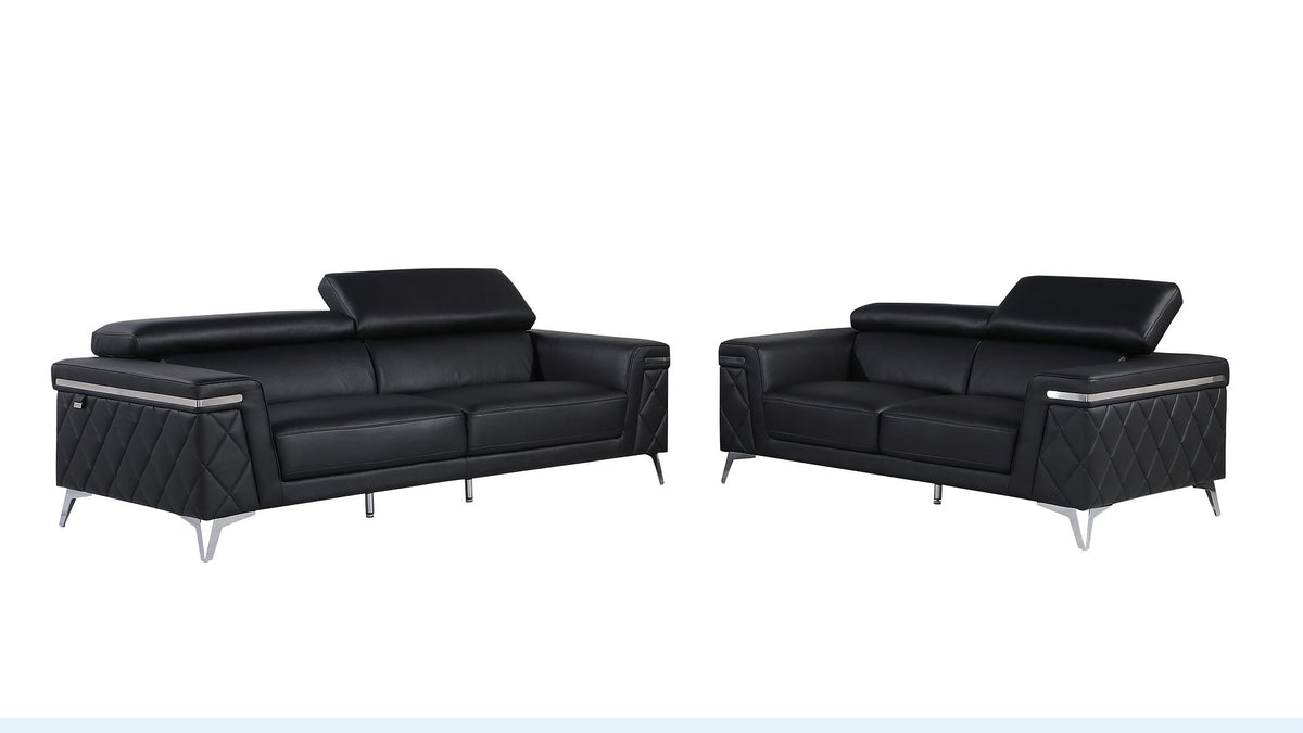 1140 Divanitalia 2-Piece Sofa Set with Adjustable Headrest in Top-grain Italian Leather - Black - SKU 1140-BLACK-2PC - view 2