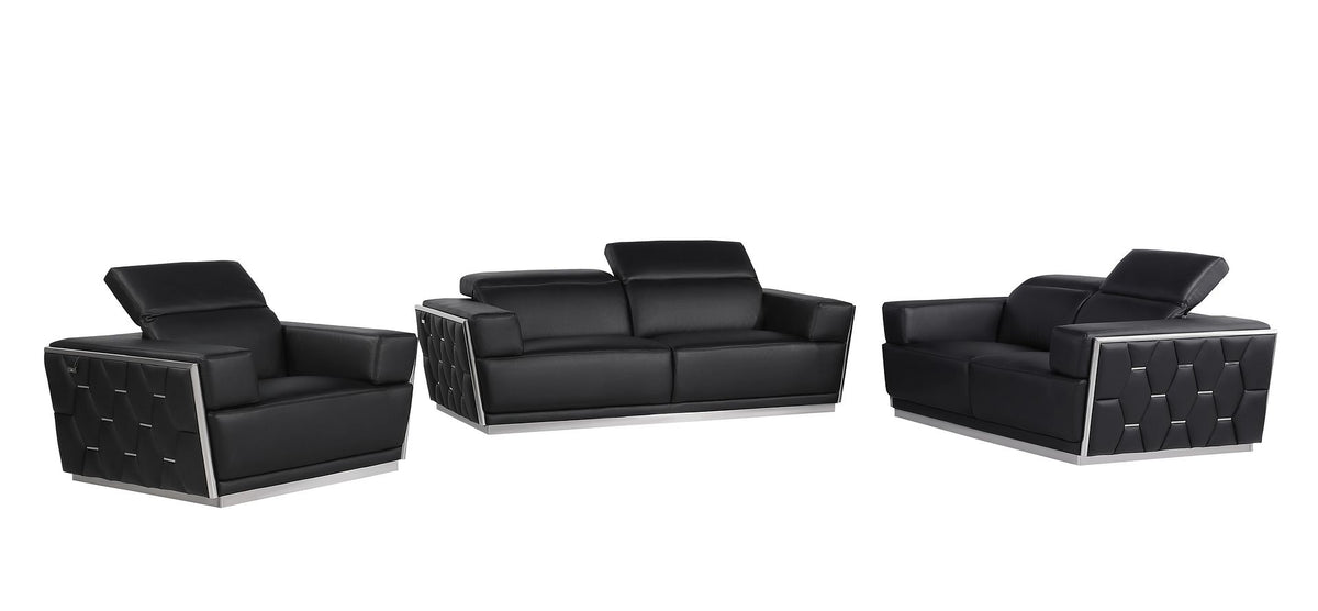 1111 Divanitalia 3-Piece Sofa Set with Adjustable Headrest in Top-grain Italian Leather - Black - SKU 1111-BLACK-3PC - view 2