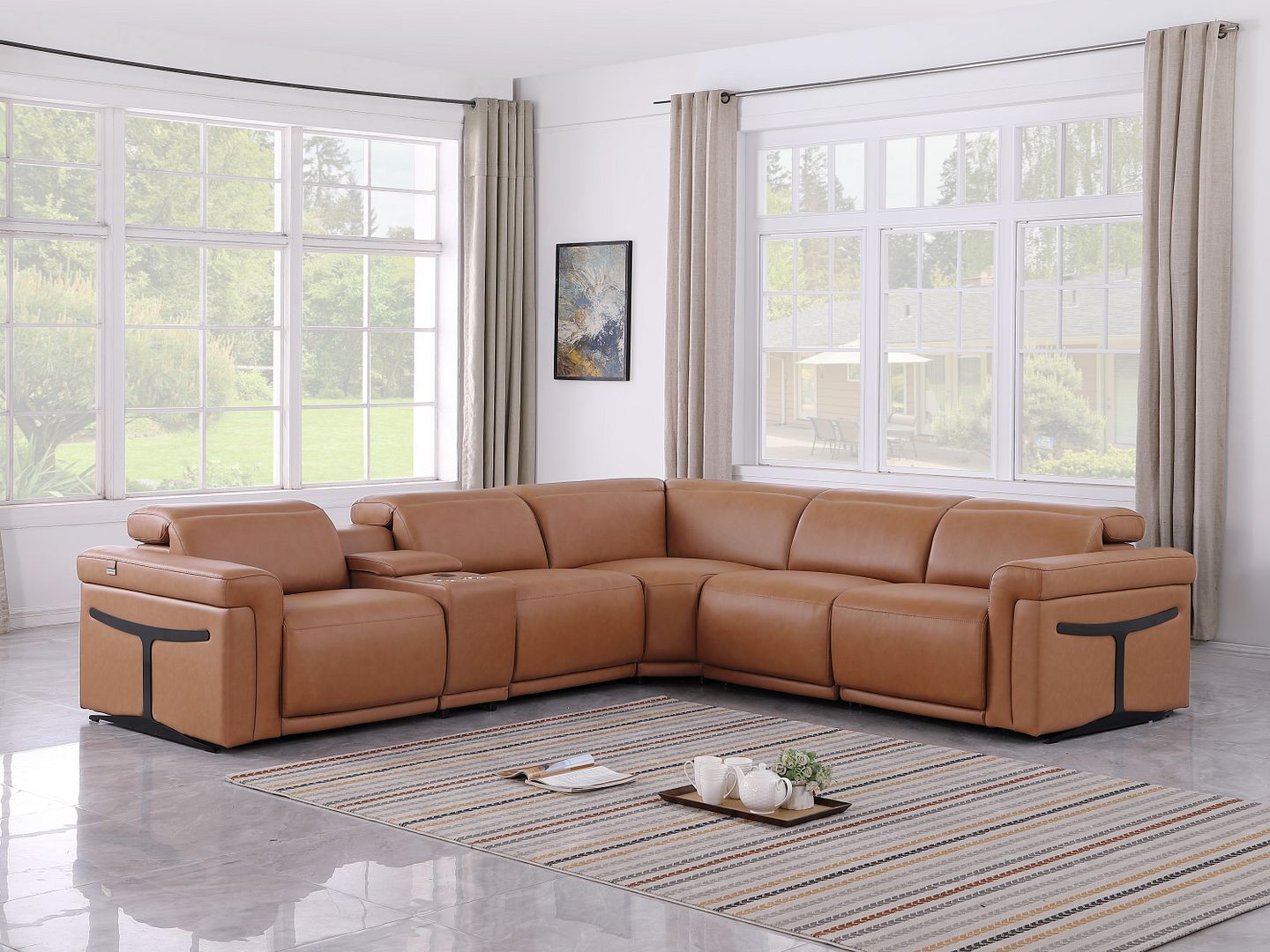 1126 Divanitalia 6-Piece L-Shaped Sectional Sofa in Top Grain Italian Leather with 3 Power Recliners & Power Headrests - Cognac