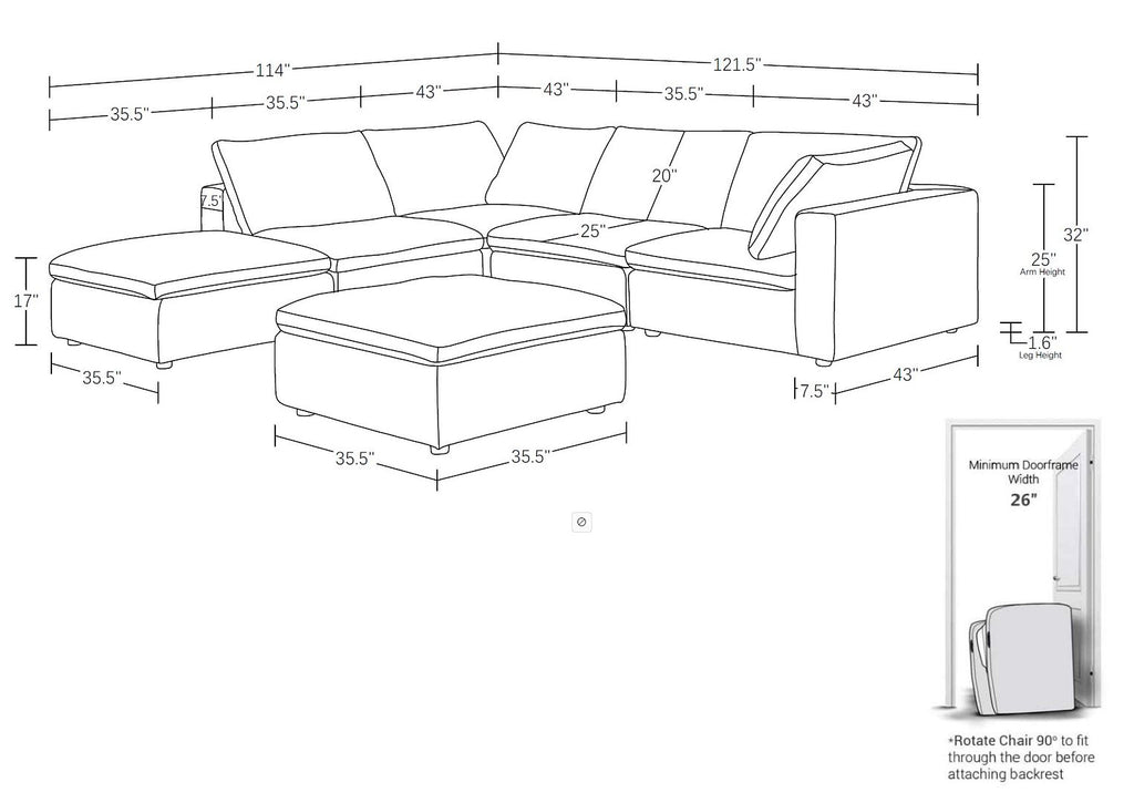 1100 Divanitalia 6-Piece Left Arm Facing 3-Seat Sectional Sofa - Top-grain Italian Leather