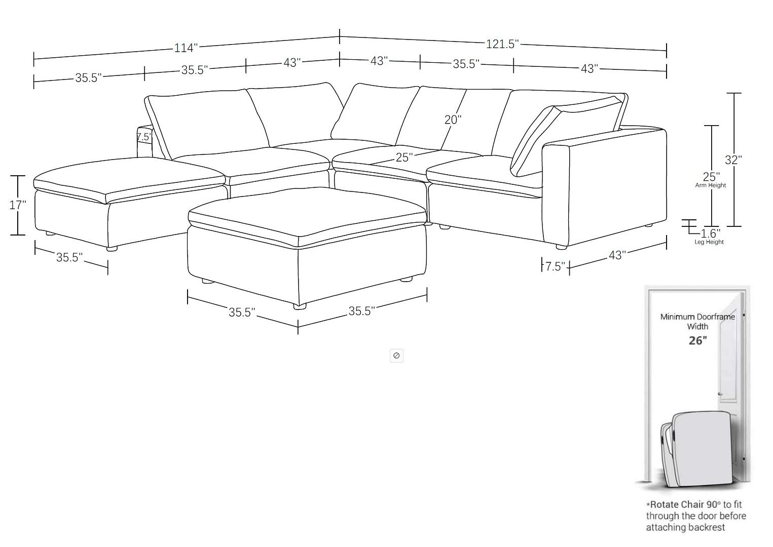 1100 Divanitalia 6-Piece Left Arm Facing 3-Seat Sectional Sofa - Top-grain Italian Leather