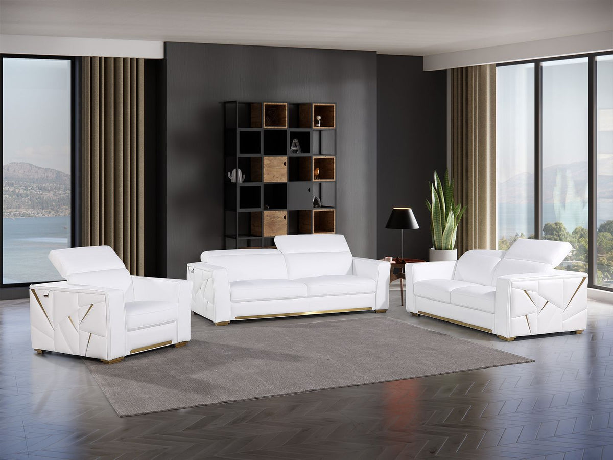 1120 Divanitalia 3-Piece Sofa Set with Adjustable Headrest in Top-grain Italian Leather - White - SKU 1120-WHITE-3PC
