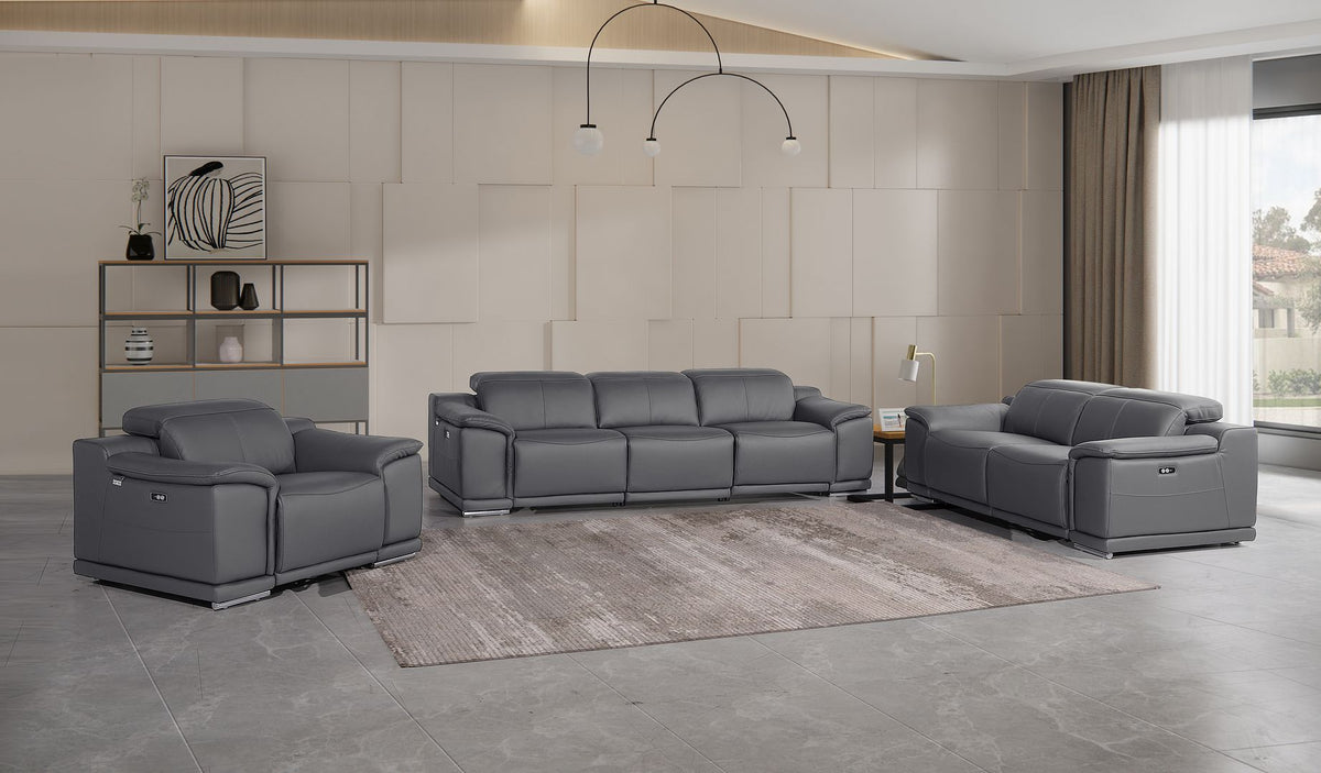 9762 Divanitalia 6-Piece Modular Power Reclining Sofa, Loveseat and Chair Set with 5 Power Recliners in Top Grain Italian Leather - Dark Grey - SKU 9762-DK-GREY-6.5-HT-3PC