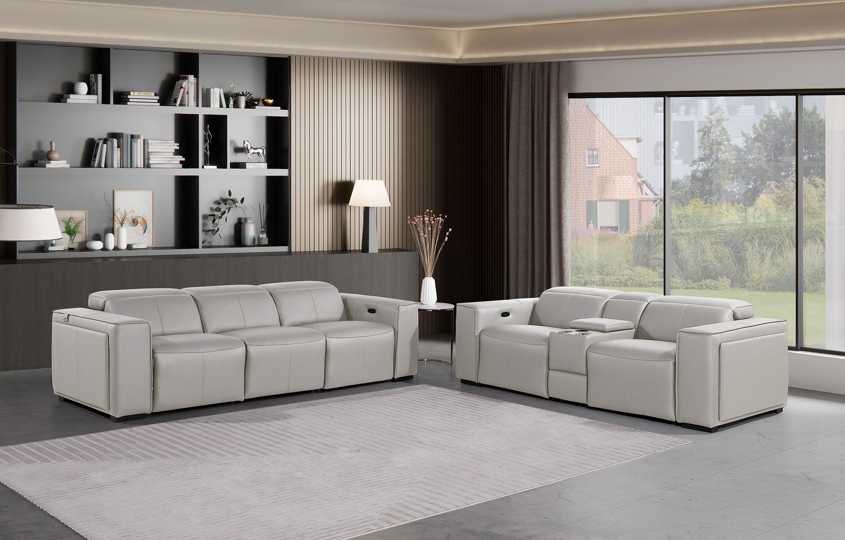 1224 Divanitalia 6-Piece Modular Power Reclining Sofa and Console Loveseat Set in Top Grain Italian Leather with 5 Power Recliners & Power Headrests - Light Grey