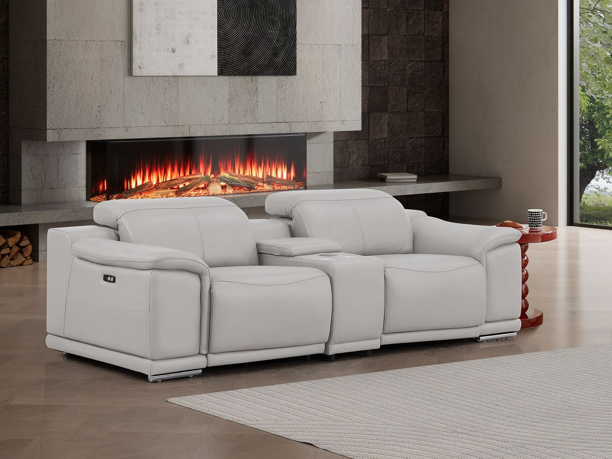 2679 Genuine Leather Console Loveseat with Dual Power Recliners - Light Grey - SKU 2679-LT-GRAY-3.2-HT