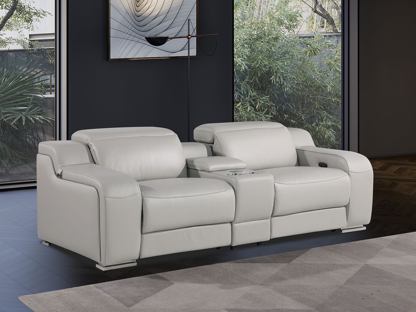 1116 Divanitalia 3-Piece Modular Power Reclining Console Loveseat in Top Grain Italian Leather with 2 Power Recliners & Power Headrests - Light Grey