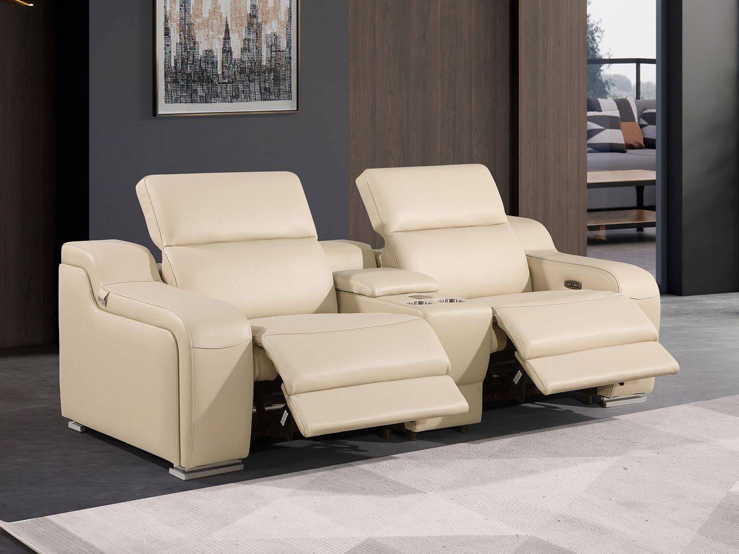 1116 Divanitalia 3-Piece Modular Power Reclining Console Loveseat in Top Grain Italian Leather with 2 Power Recliners & Power Headrests