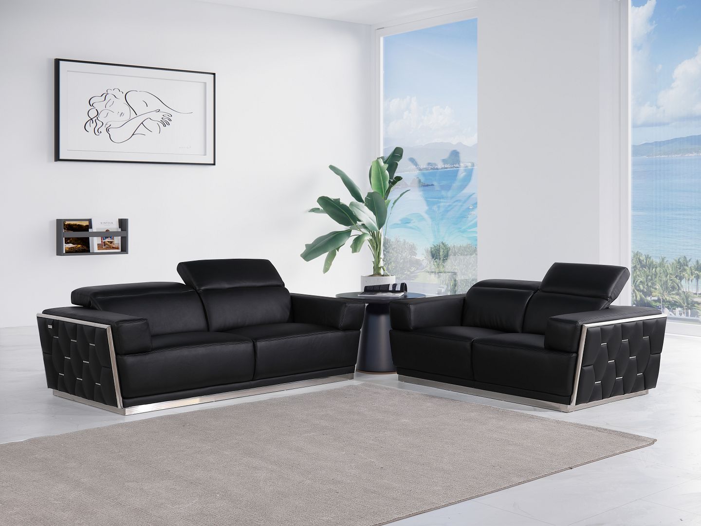 1111 Divanitalia 2-Piece Sofa Set with Adjustable Headrest in Top-grain Italian Leather - Black