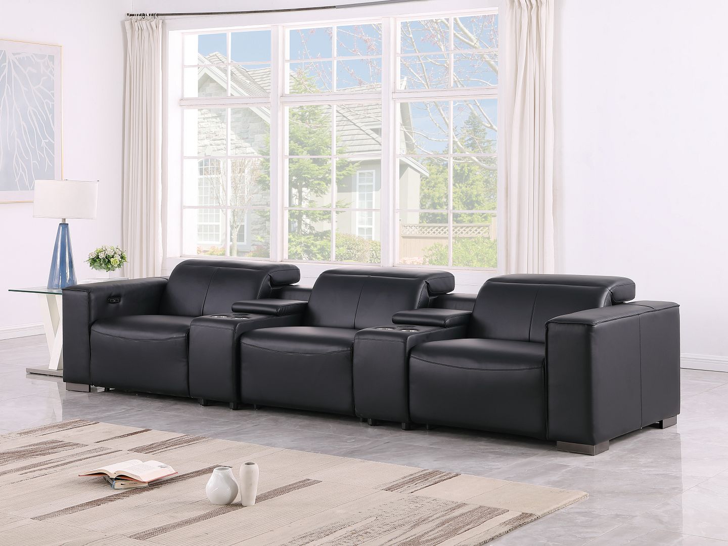 1208 Leather Sofa with 3 Power Recliners and Two Storage Consoles - Black