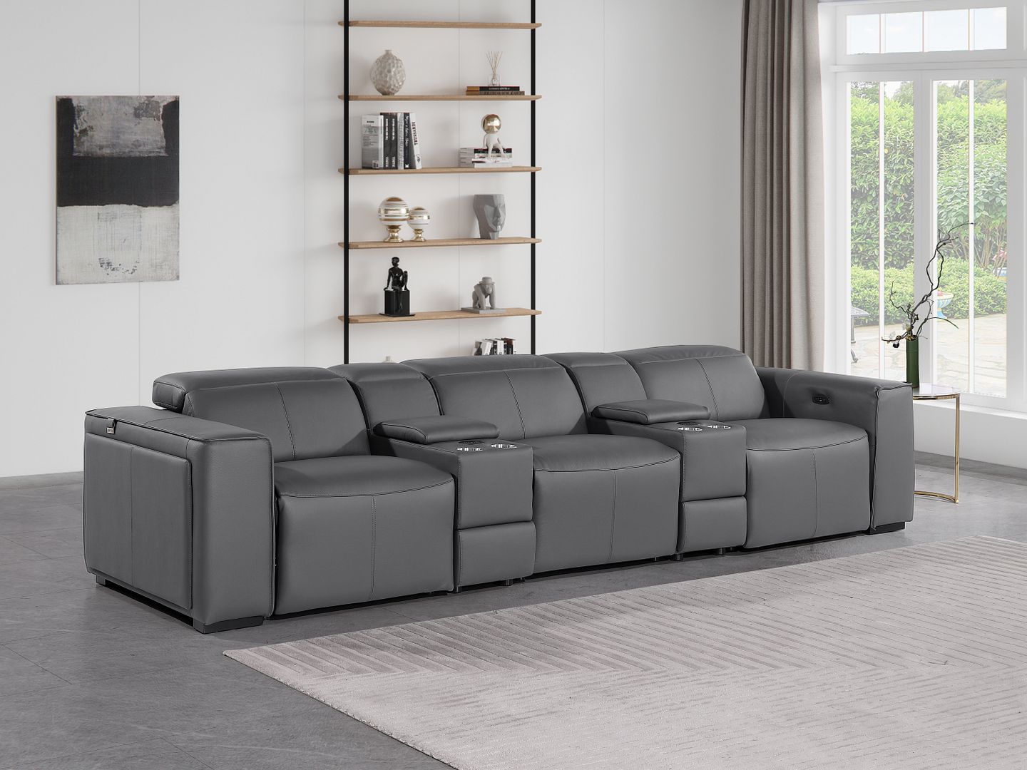 1224 Divanitalia 5-Piece Modular Power Reclining Sofa in Top Grain Italian Leather with 3 Power Recliners & Power Headrests - Dark Grey