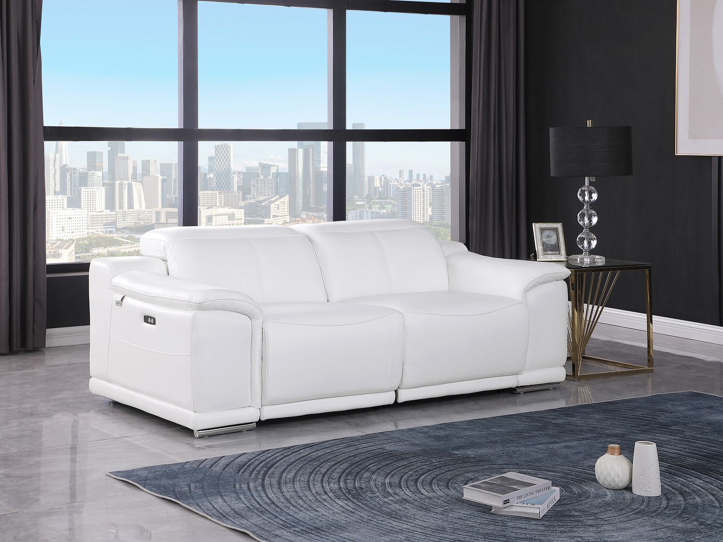9762 Divanitalia 2-Piece Modular Power Reclining Console with 2 Power Recliners in Top Grain Italian Leather - White