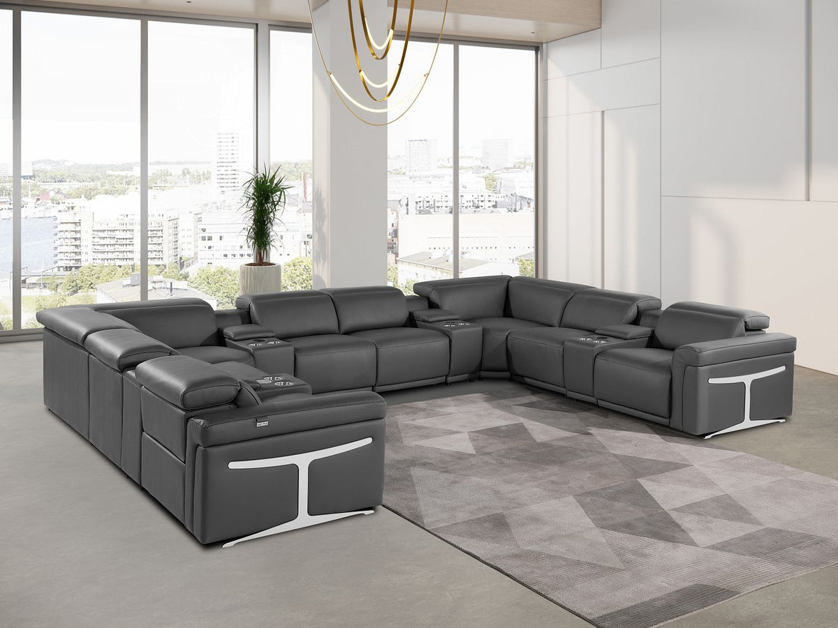 1126 Divanitalia 12-Piece U-Shaped Sectional Sofa in Top Grain Italian Leather with 4 Power Recliners & Power Headrests - Dark Grey - SKU 1126-DK_GREY-12PC-4PWR-U-SECTIONAL-GROUP