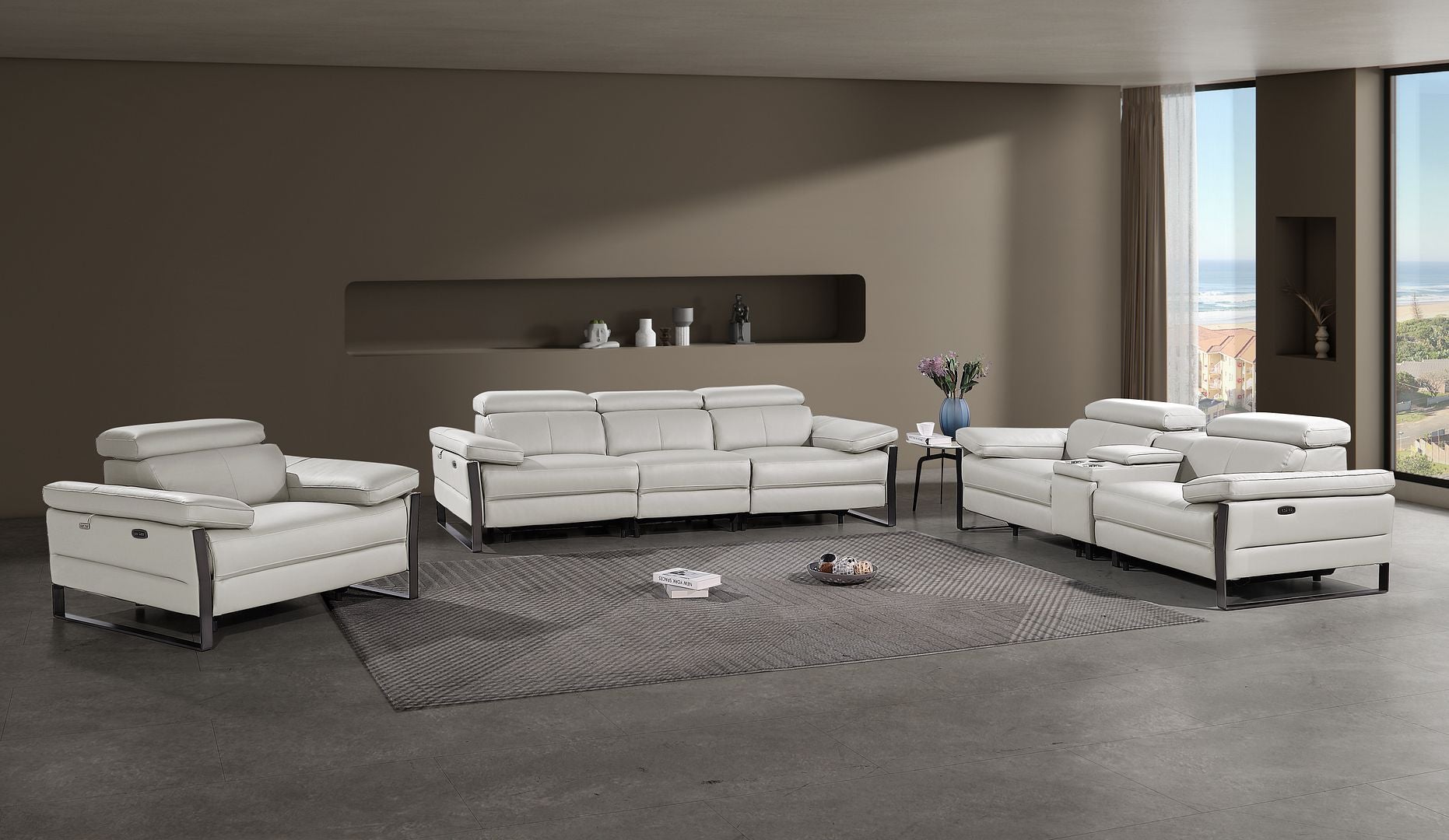 1246 Divanitalia Modular Power Dual Reclining Sofa, Console Loveseat, and Chair Set with Power Headrests - Top Grain Italian Leather - Light Grey