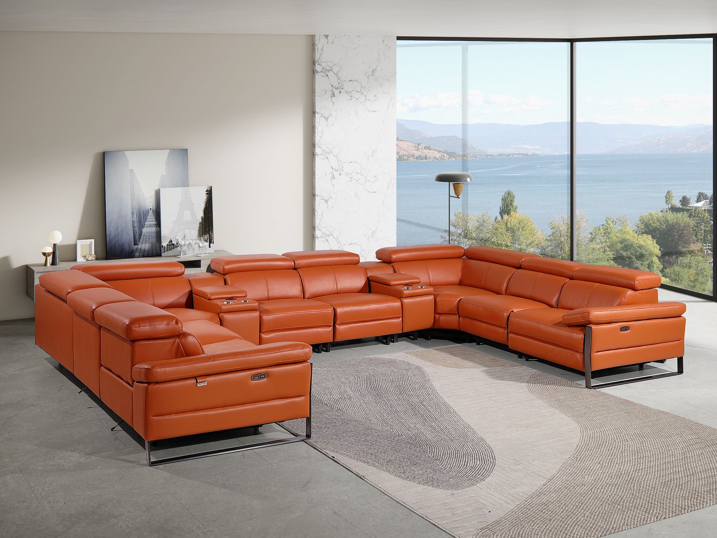 1246 Divanitalia 10-Piece U-Shaped Modular Power Reclining Sectional Sofa with 4 Power Recliners and Power Headrests - Top Grain Italian Leather - Camel