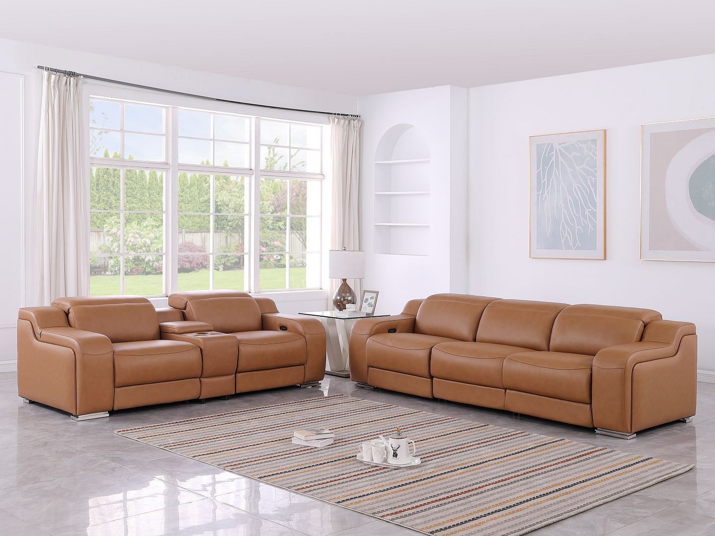 1116 DivanItalia Cognac 6-Piece Modular Power Reclining Sofa and Console Loveseat Set in Top Grain Italian Leather with 5 Power Recliners & Power - free Headrestshite glove delviery in LA, Ventura and Orange counties