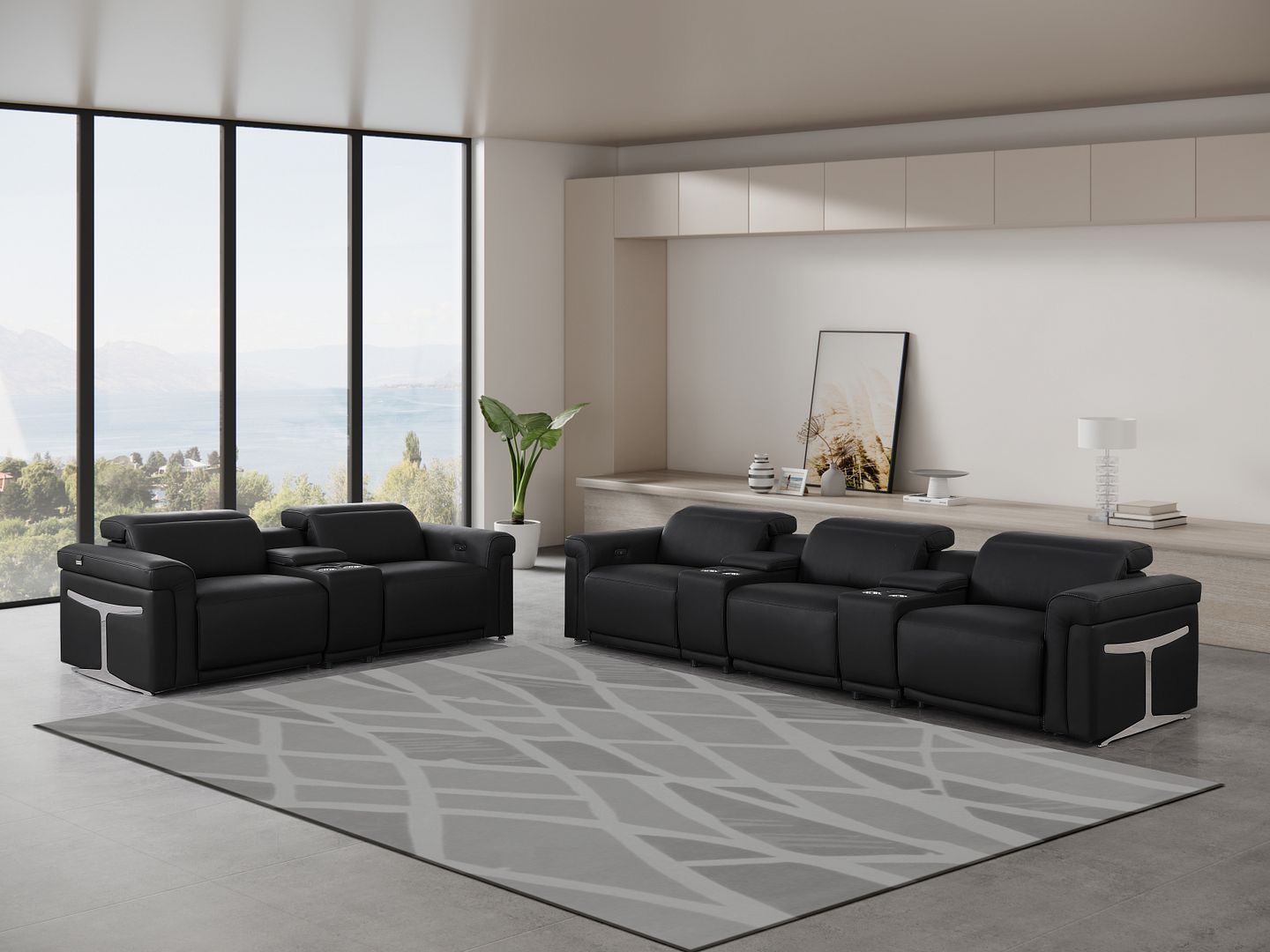 1126 Divanitalia 8-Piece Modular Power Reclining Sofa & Loveseat Set in Top Grain Italian Leather with 5 Power Recliners & Power Headrests - Black