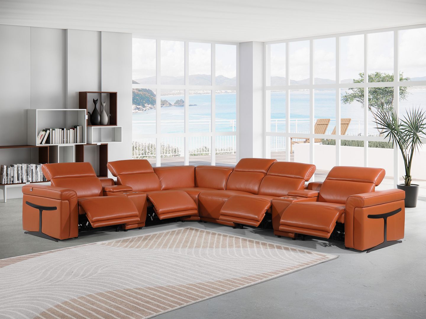 1126 Divanitalia 8-Piece L-Shaped Sectional Sofa in Top Grain Italian Leather with 4 Power Recliners & Power Headrests - Camel