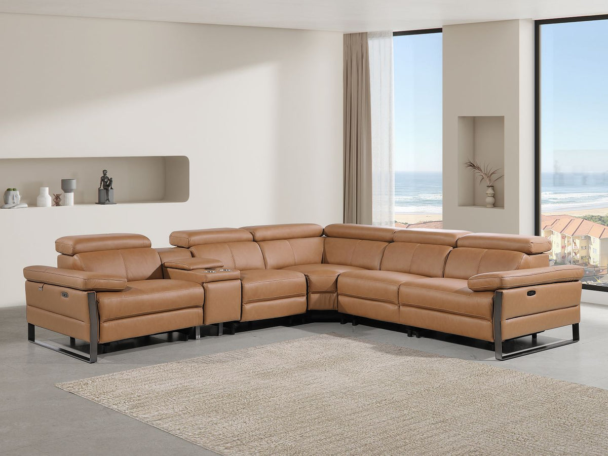 1246 Divanitalia 6-Piece L-Shaped Modular Power Reclining Sectional Sofa with 3 Power Recliners and Power Headrests - Top Grain Italian Leather - Cognac - SKU 1246-COGNAC-6PC-3PWR-SECTIONAL