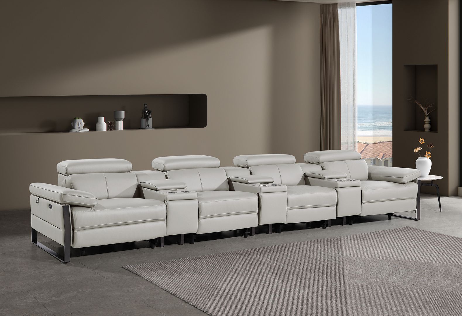 1246 Divanitalia Modular Power Triple Reclining Triple Console Sofa with Power Reclining Headrests - Top Grain Italian Leather - Light Grey - SKU 1246-LT-GREY-S-7.4-HT