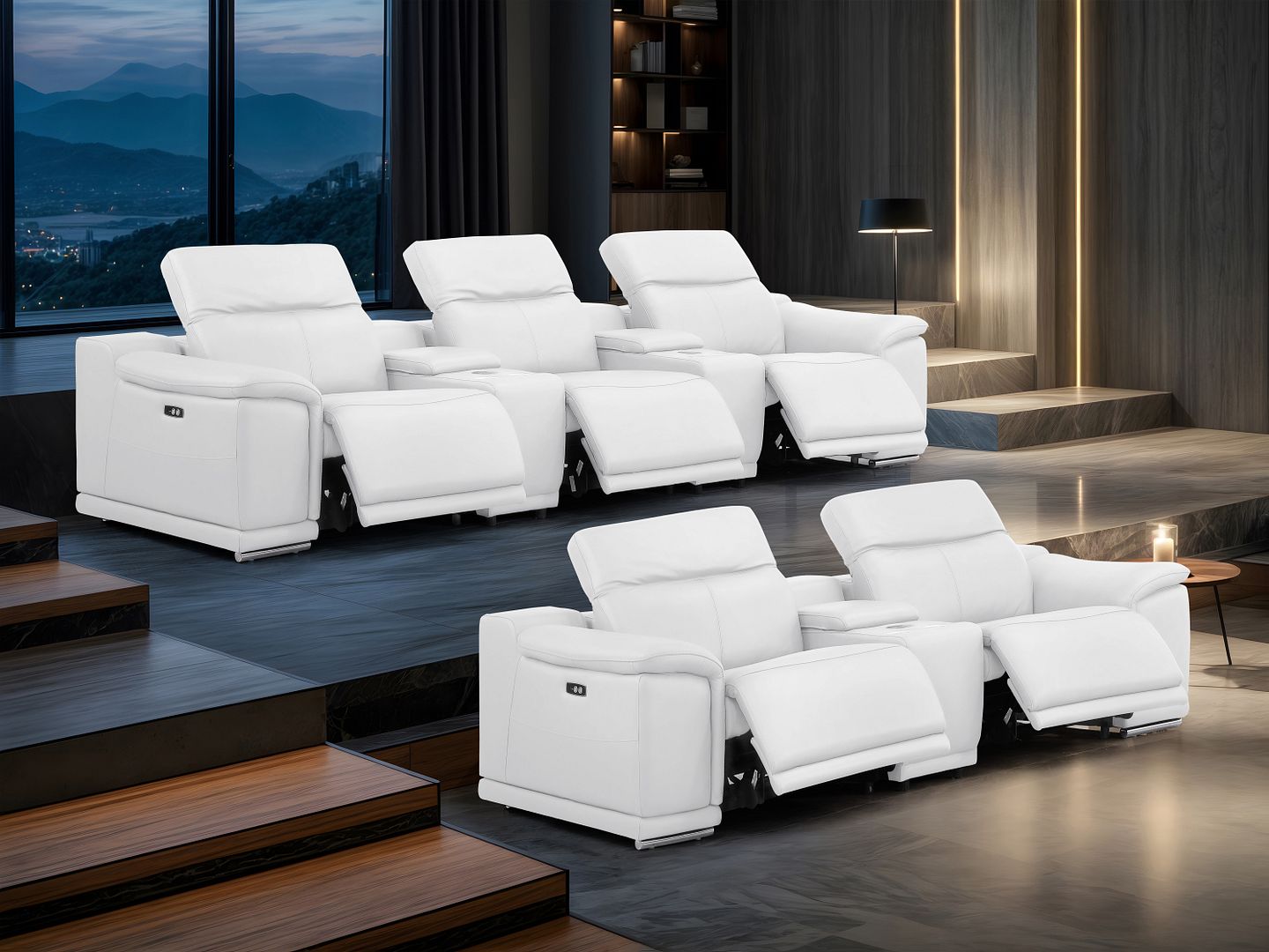2679 Power Reclining Sofa and Loveseat in Genuine Leather - 5 Recliners with Power Headrests & 3 Consoles - White