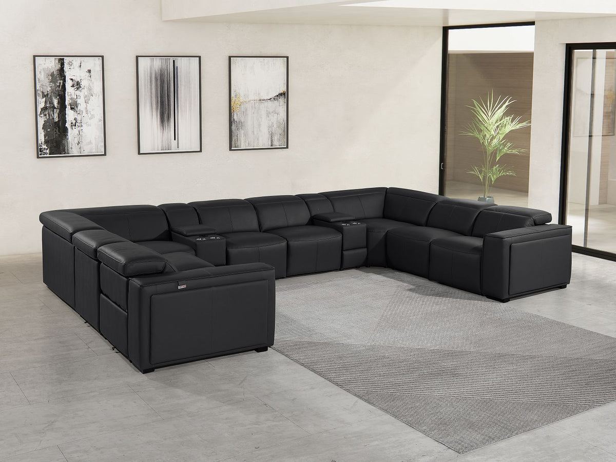1224 Divanitalia 10-Piece U-Shaped Sectional Sofa in Top Grain Italian Leather with 4 Power Recliners & Power Headrests - Black - SKU 1224-BLACK-10PC-4PWR-U-SECTIONAL