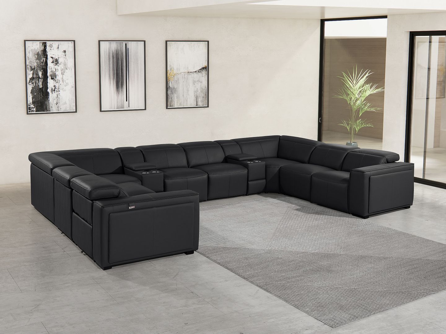1224 Divanitalia 10-Piece U-Shaped Sectional Sofa in Top Grain Italian Leather with 4 Power Recliners & Power Headrests - Black