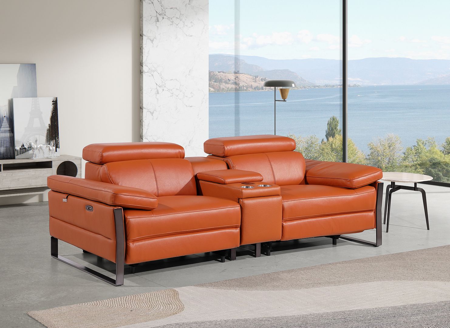 1246 Divanitalia Top Grain Italian Leather Console Loveseat with Power Headrest - Camel - SKU 1246-CAMEL-3.2-HT