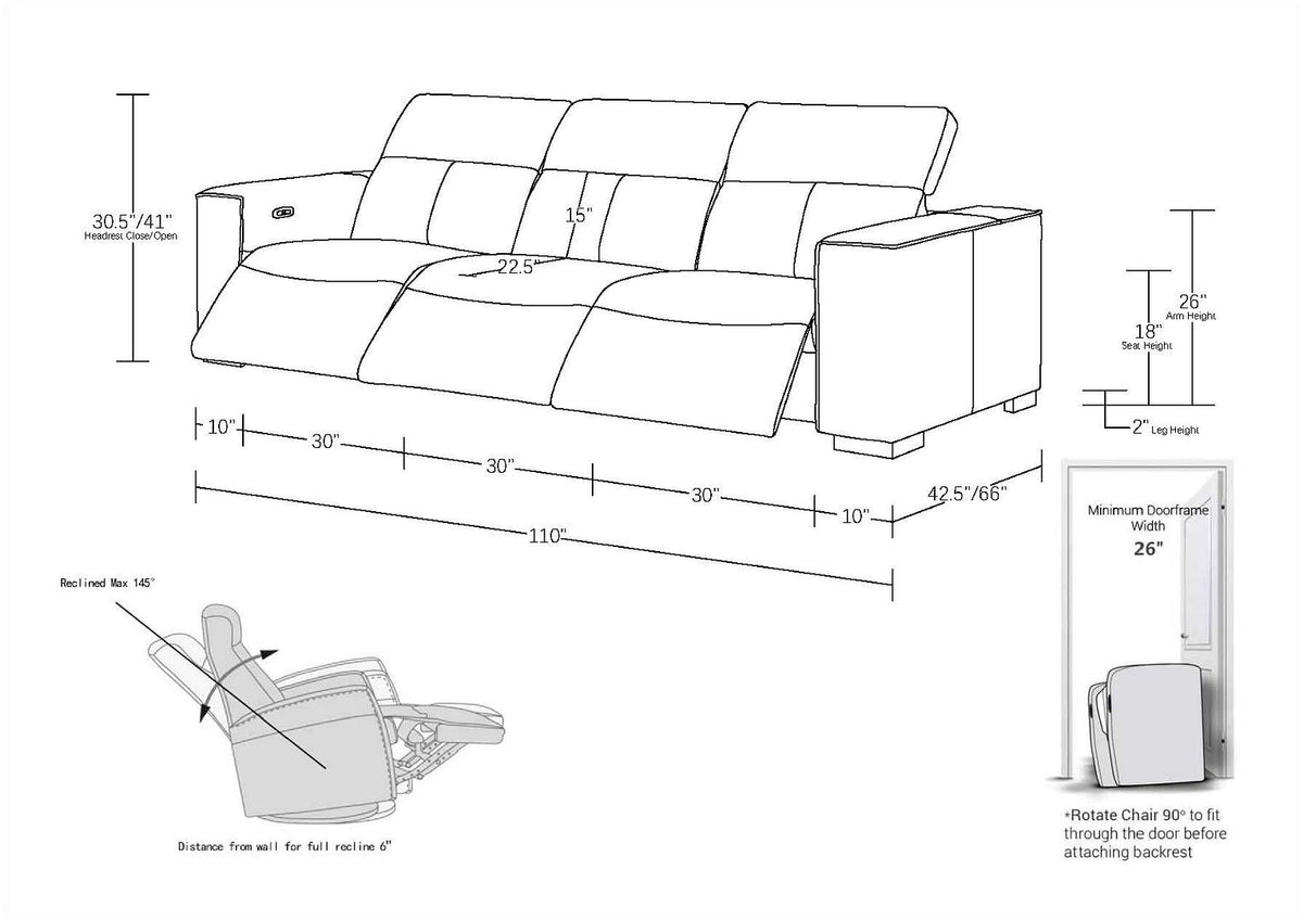 1208 Genuine Leather Triple Power Reclining Sofa - Black - SKU 1208-BLACK-3.3-HT - view 15