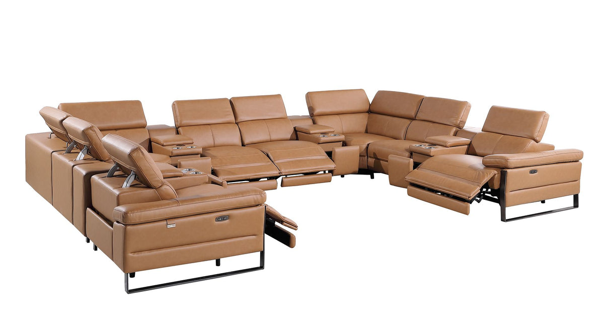 1246 Divanitalia 12-Piece U-Shaped Modular Power Reclining Sectional Sofa with 4 Power Recliners and Power Headrests - Top Grain Italian Leather - Cognac - SKU 1246-COGNAC-12PC-4PWR-U-SECTIONAL - view 5