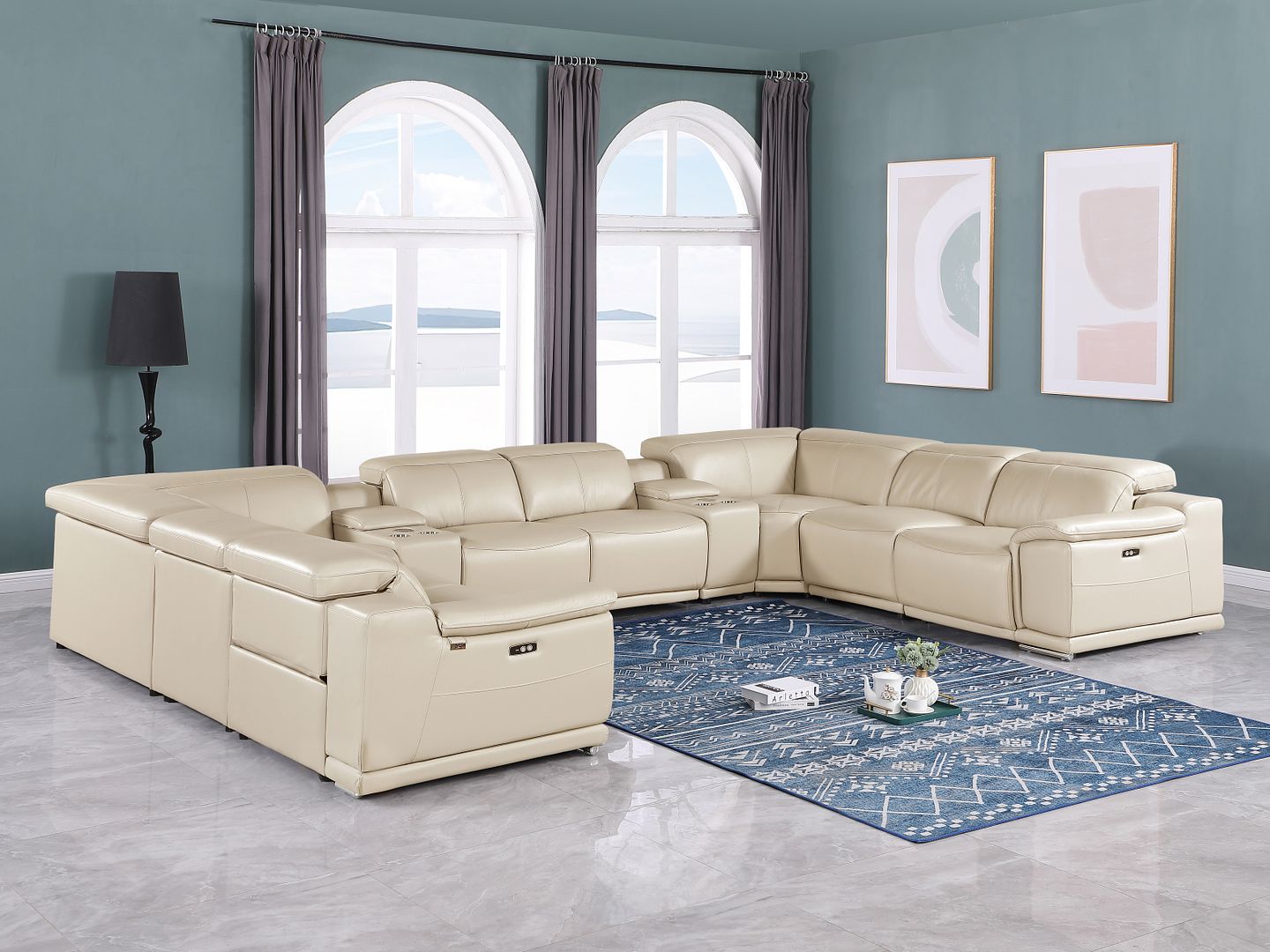 9762 Divanitalia 10-Piece U-Shaped Top Grain Italian Leather Sectional Sofa with 4 Power Recliners - Beige