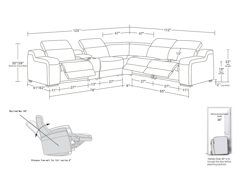 1116 Divanitalia 6-Piece L-Shaped Sectional Sofa in Top Grain Italian Leather with 3 Power Recliners & Power Headrests - White - SKU 1116-WHITE-6PC-3PWR-SECTIONAL- GROUP - view 16