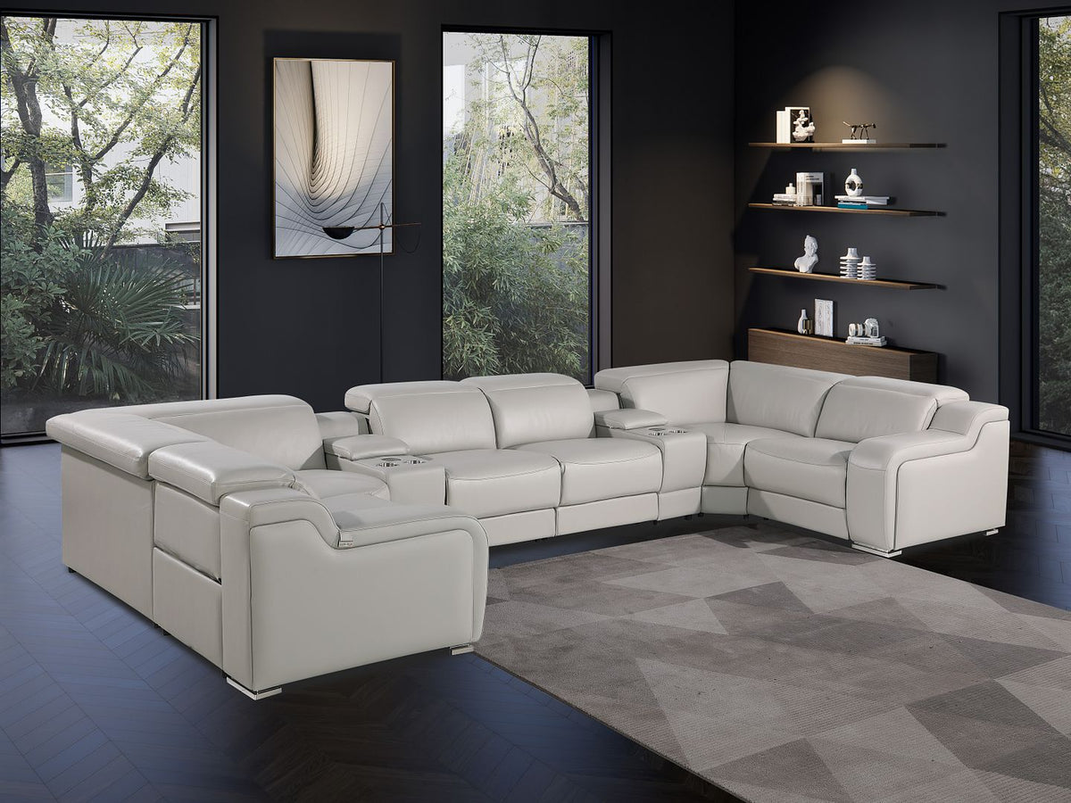 1116 Divanitalia 8-Piece U-Shaped Sectional Sofa in Top Grain Italian Leather with 4 Power Recliners & Power Headrests - Light Grey - SKU 1116-LT_GREY-8PC-4PWR-U-SECTIONAL-GROUP