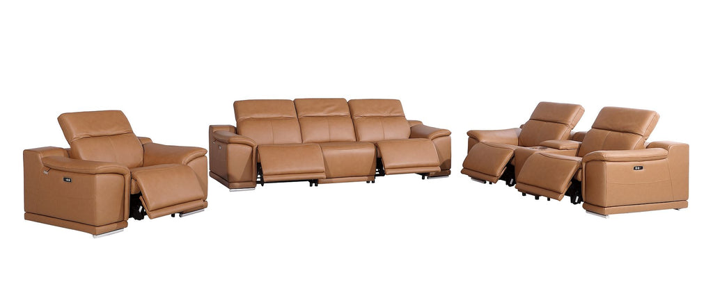 9762 Divanitalia 7-Piece Modular Power Reclining Sofa, Loveseat and Chair Set with 5 Power Recliners in Top Grain Italian Leather - Cognac - SKU 9762-COGNAC-7.5-HT-3PC - view 4