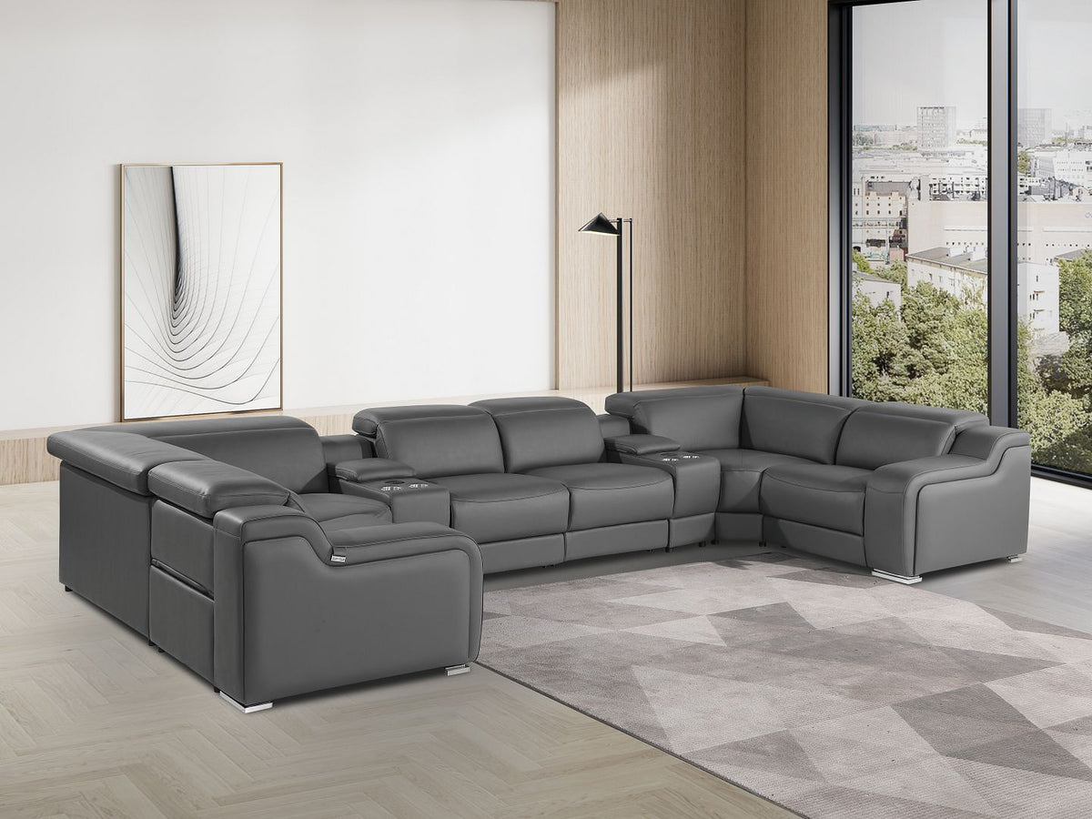 1116 Divanitalia 8-Piece U-Shaped Sectional Sofa in Top Grain Italian Leather with 2 Power Recliners & Power Headrests - Dark Grey - SKU 1116-DK_GREY-8PC-2PWR-U-SECTIONAL-GROUP
