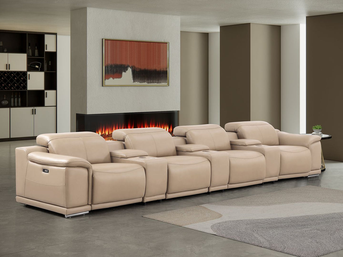 2679 Genuine Leather Sofa with 4 Power Recliners, Power Headrests & 3 Storage Consoles - Beige - SKU 2679-BEIGE-7.4-S-HT