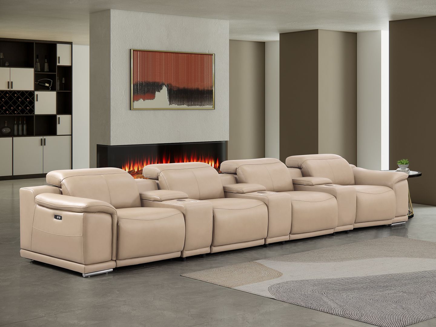 2679 Genuine Leather Sofa with 4 Power Recliners, Power Headrests & 3 Storage Consoles - Beige