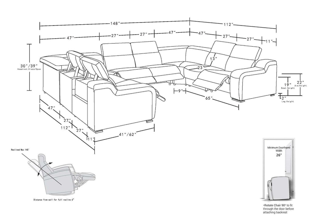 1116 Divanitalia 8-Piece U-Shaped Sectional Sofa in Top Grain Italian Leather with 4 Power Recliners & Power Headrests - Dark Grey - SKU 1116-DK_GREY-8PC-4PWR-U-NC-SECT-GROUP - view 17