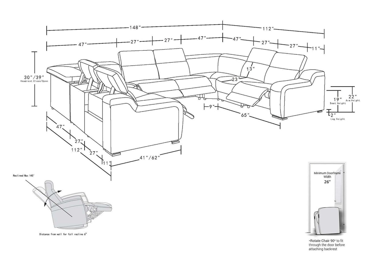 1116 Divanitalia 8-Piece U-Shaped Sectional Sofa in Top Grain Italian Leather with 4 Power Recliners & Power Headrests - Dark Grey - SKU 1116-DK_GREY-8PC-4PWR-U-NC-SECT-GROUP - view 17