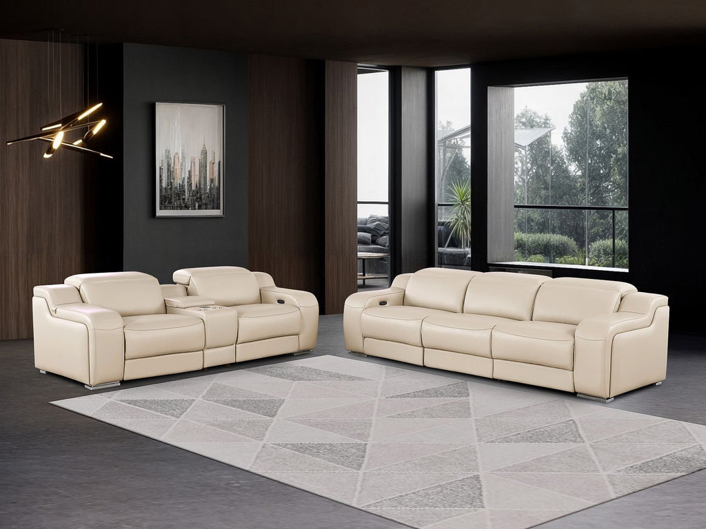 1116 DivanItalia Beige 6-Piece Modular Power Reclining Sofa and Console Loveseat Set in Top Grain Italian Leather with 5 Power Recliners & Power - free Headrestshite glove delviery in LA, Ventura and Orange counties