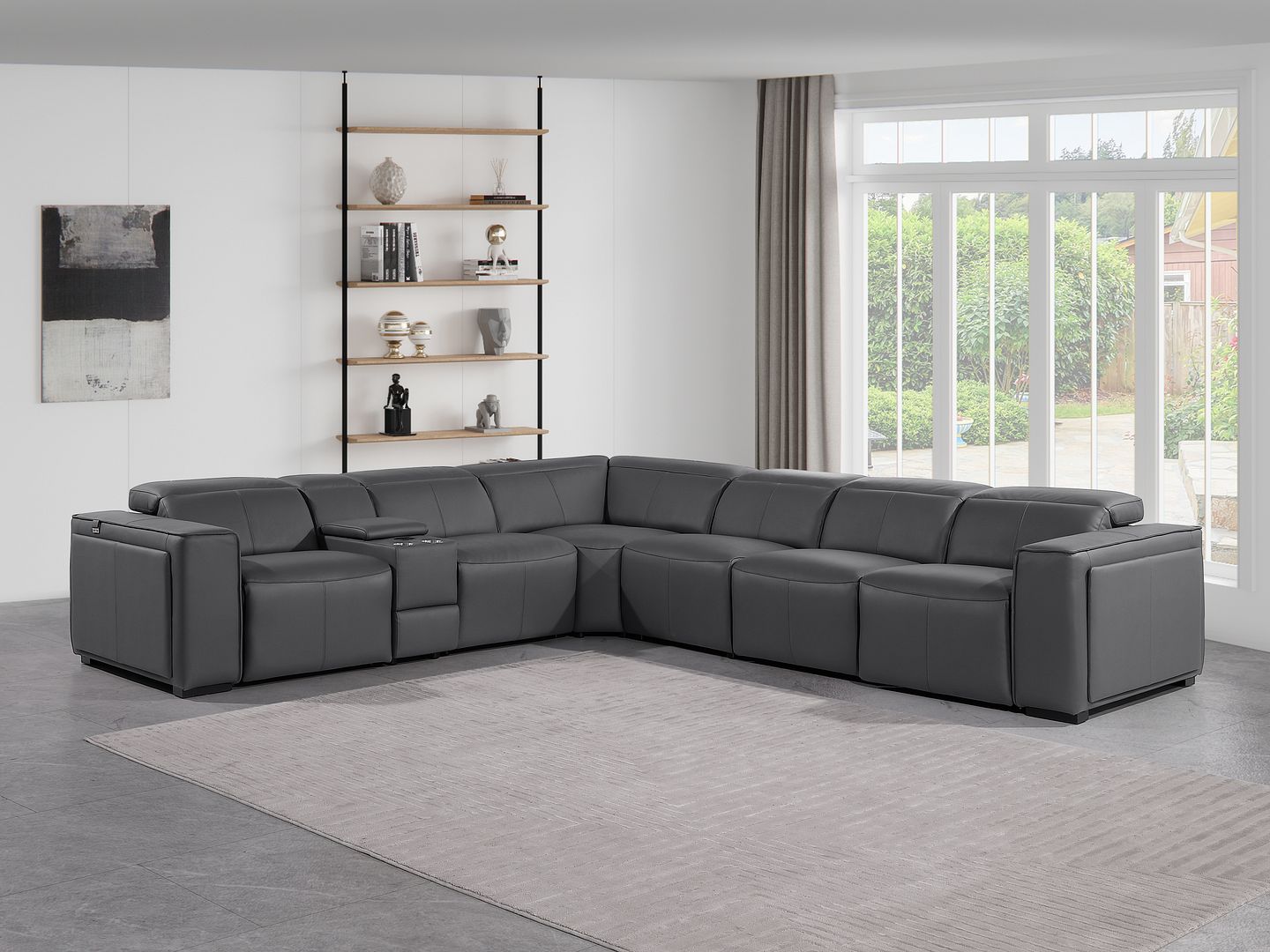 1224 Divanitalia 7-Piece L-Shaped Sectional Sofa in Top Grain Italian Leather with 4 Power Recliners & Power Headrests - Dark Grey