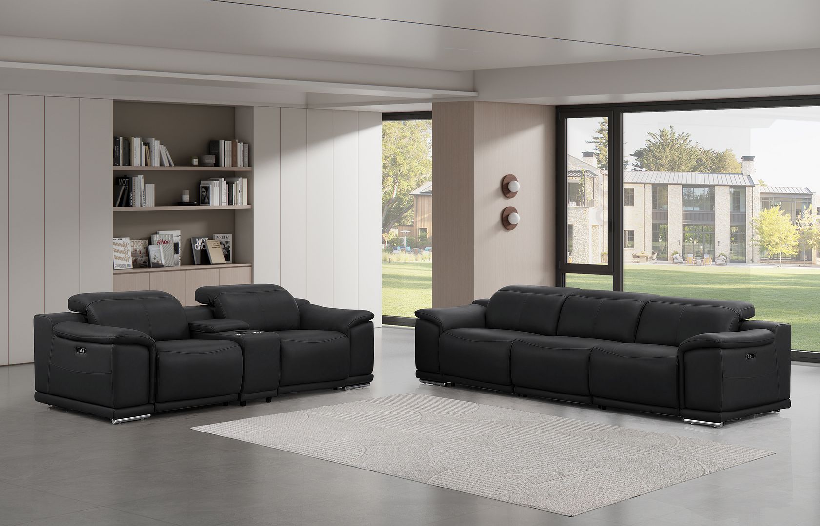 2679 Genuine Leather Reclining Set - Sofa and Loveseat with 5 Power Recliners - Black