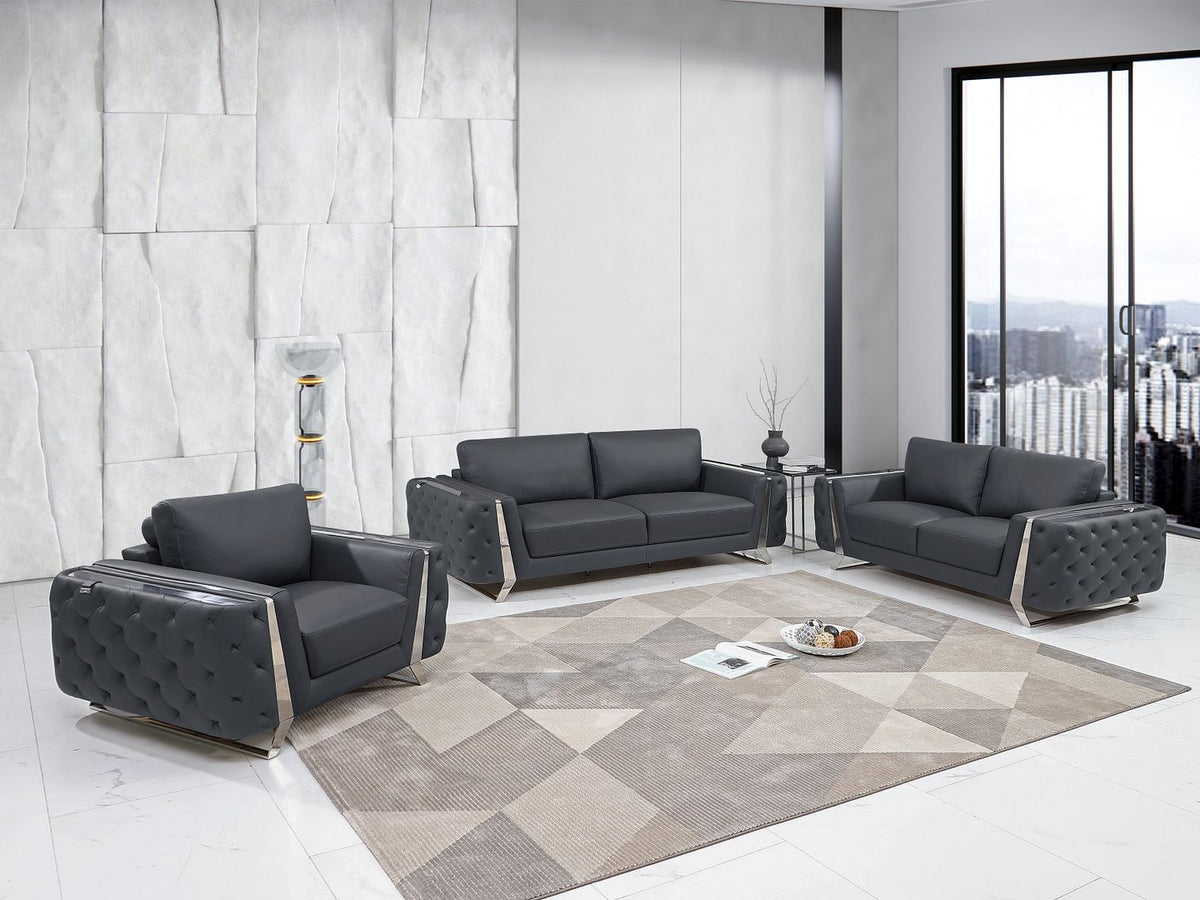 1050 Divanitalia 2-Piece Sofa Set in Top-grain Italian Leather - Dark Grey - SKU 1050-DK-GRAY-3PC