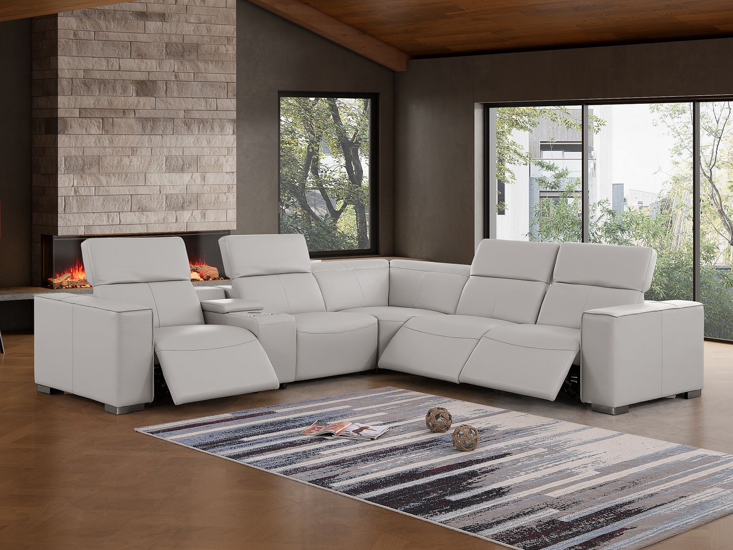 1208 6-Piece L-Shaped Leather Reclining Sectional Sofa with 3 Power Recliners