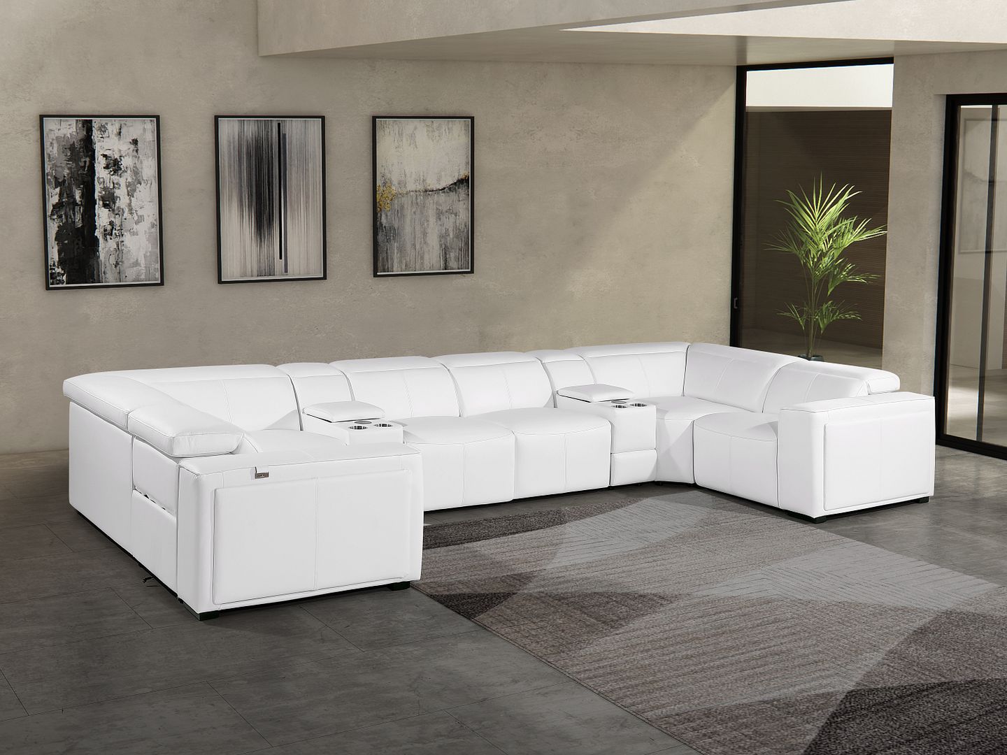 1224 Divanitalia 8-Piece U-Shaped Sectional Sofa in Top Grain Italian Leather with 4 Power Recliners & Power Headrests - White